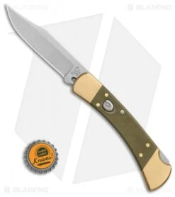 Buck Knives Buck 110 Automatic Knife OD Green Canvas Micarta/Brushed Brass (3.75" SW) -Buck Knives Buck 110 Auto Brushed Micarta Brass BHQ 88783 er bottlecap