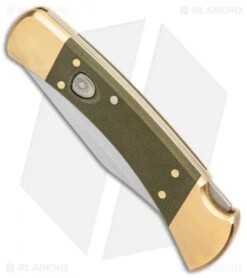 Buck Knives Buck 110 Automatic Knife OD Green Canvas Micarta/Brushed Brass (3.75" SW) -Buck Knives Buck 110 Auto Brushed Micarta Brass BHQ 88783 er spine