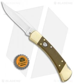 Buck Knives Buck 110 Automatic Knife OD Grn Micarta/Brushed Brass (3.75" S30V SW) Exclusive -Buck Knives Buck 110 Auto OD Green Micarta Brushed Brass SW 0110GRSABHQ2 B BHQ 90211 jr bottlecap